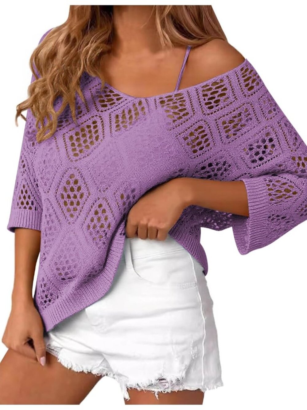 🆕Women's Light Purple Sleeve Crochet Tops Summer V Neck Beach Cover Ups Casual